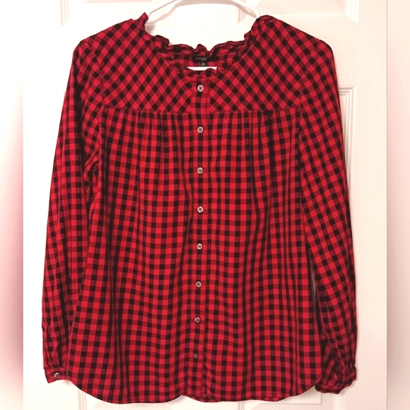 Talbots Feminine Detail Button Blouse Cotton Red & Black Checked Herringbone LP - Picture 1 of 8